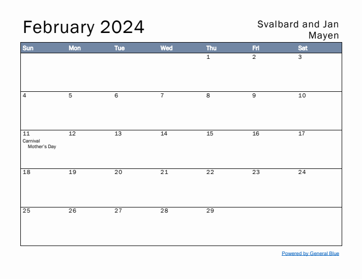 February 2024 Simple Monthly Calendar for Svalbard and Jan Mayen