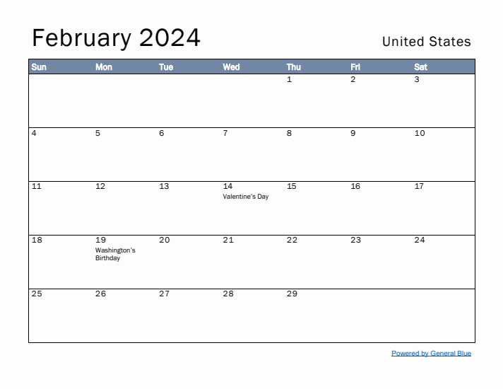 February 2024 Simple Monthly Calendar for United States