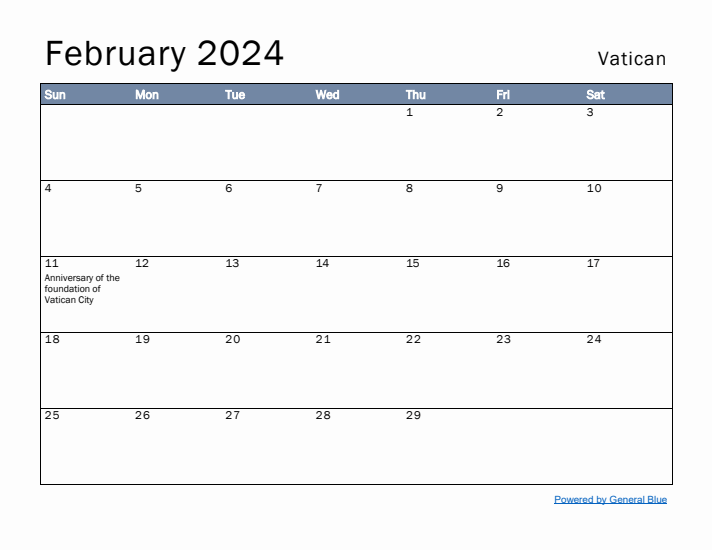 February 2024 Simple Monthly Calendar for Vatican