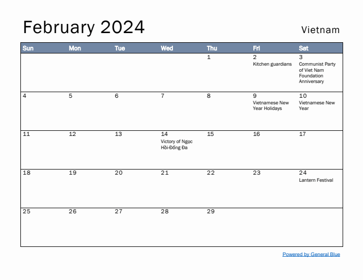 February 2024 Simple Monthly Calendar for Vietnam