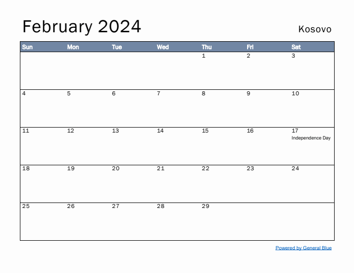 February 2024 Simple Monthly Calendar for Kosovo