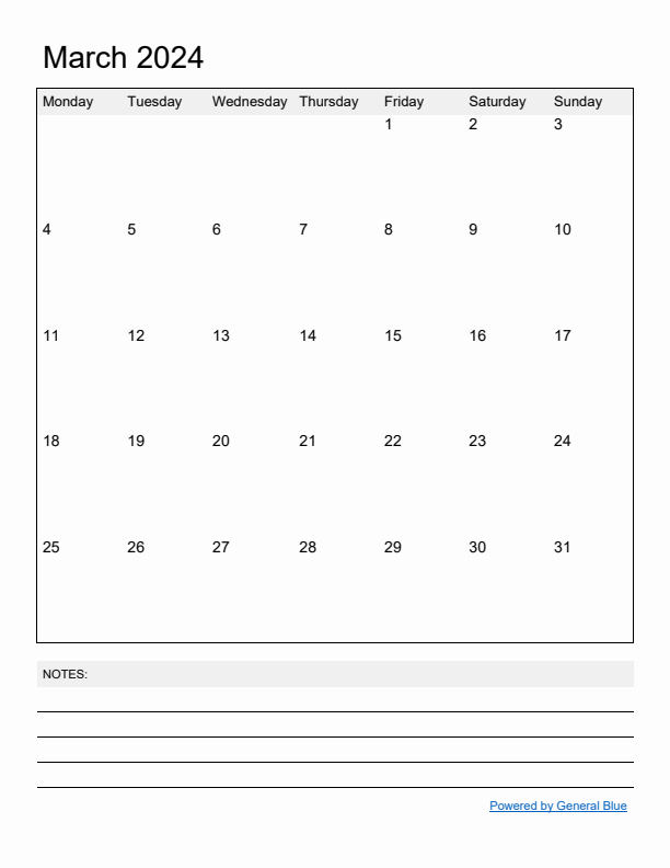 Basic Monthly Calendar Template for March 2024