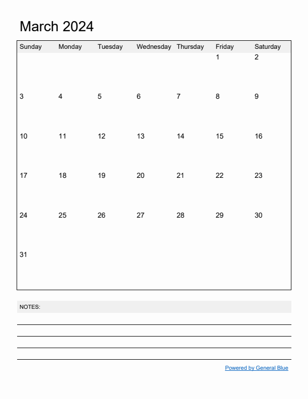 Basic Monthly Calendar Template for March 2024