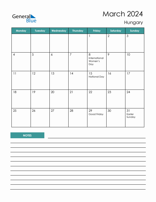 Calendar with Notes Printable - Monday Start