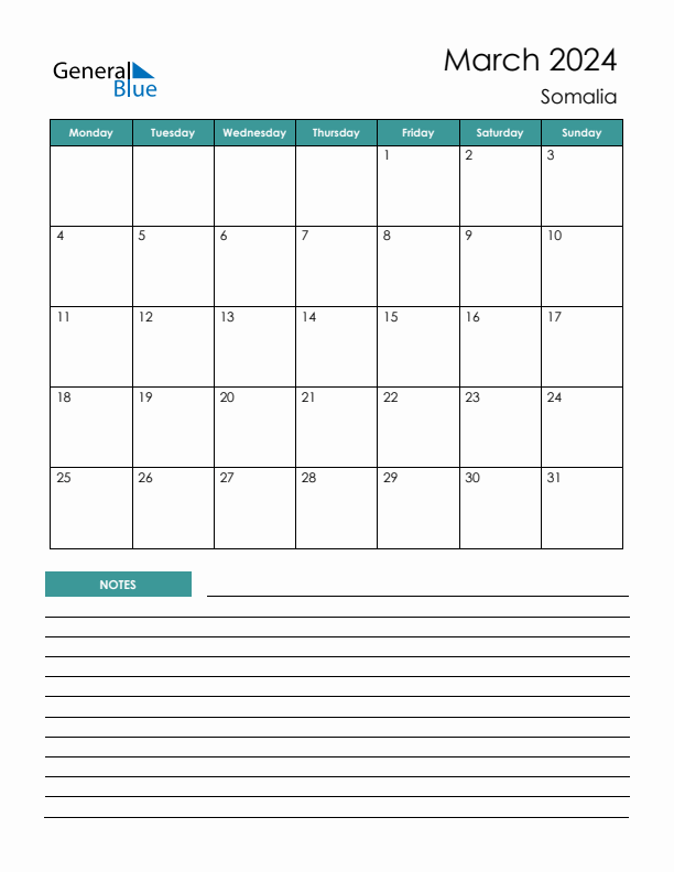 Calendar with Notes Printable - Monday Start