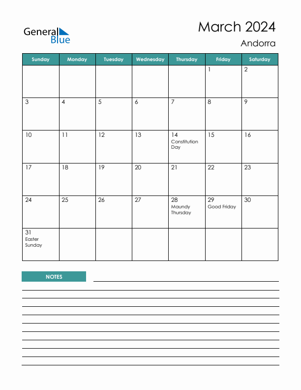 Calendar with Notes Printable - Sunday Start