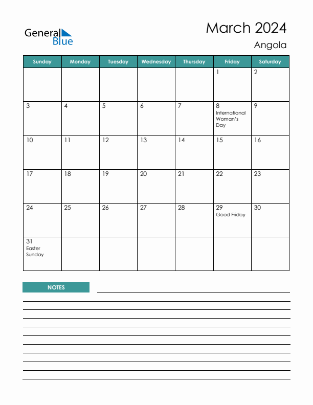 Calendar with Notes Printable - Sunday Start