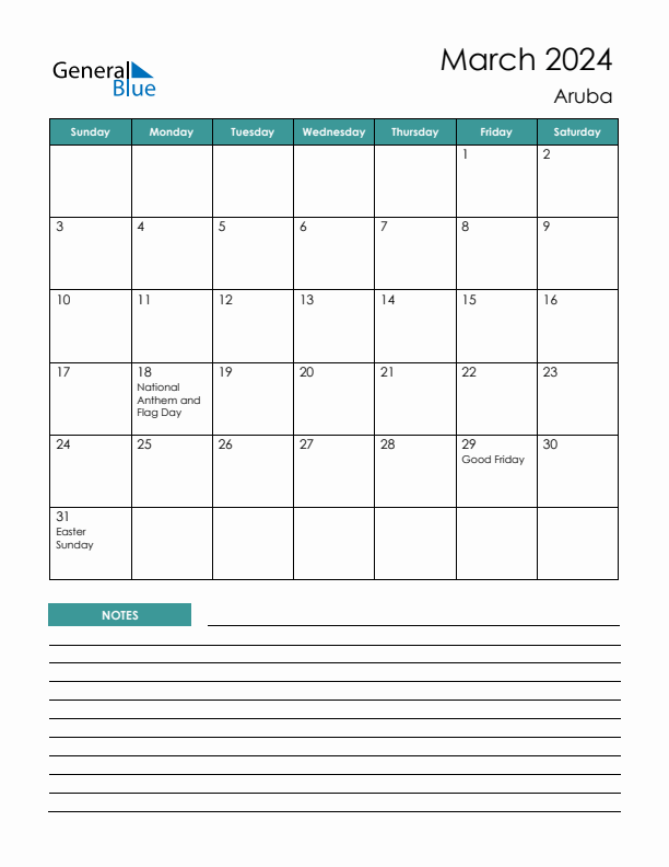 Calendar with Notes Printable - Sunday Start