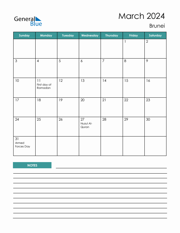 Calendar with Notes Printable - Sunday Start