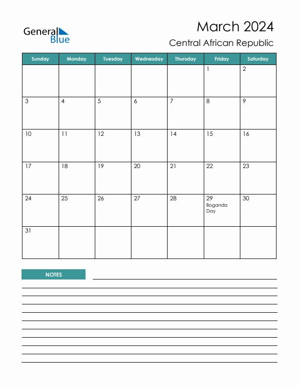 Calendar with Notes Printable - Sunday Start