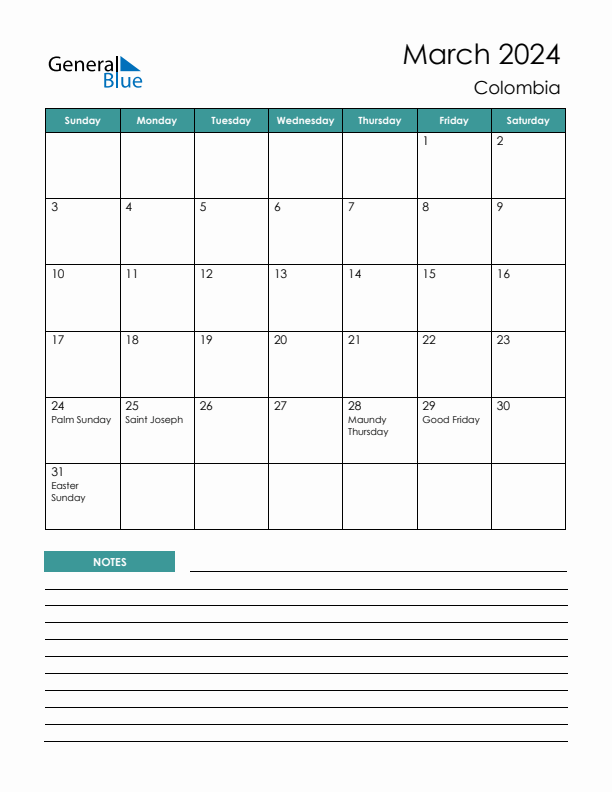 Calendar with Notes Printable - Sunday Start