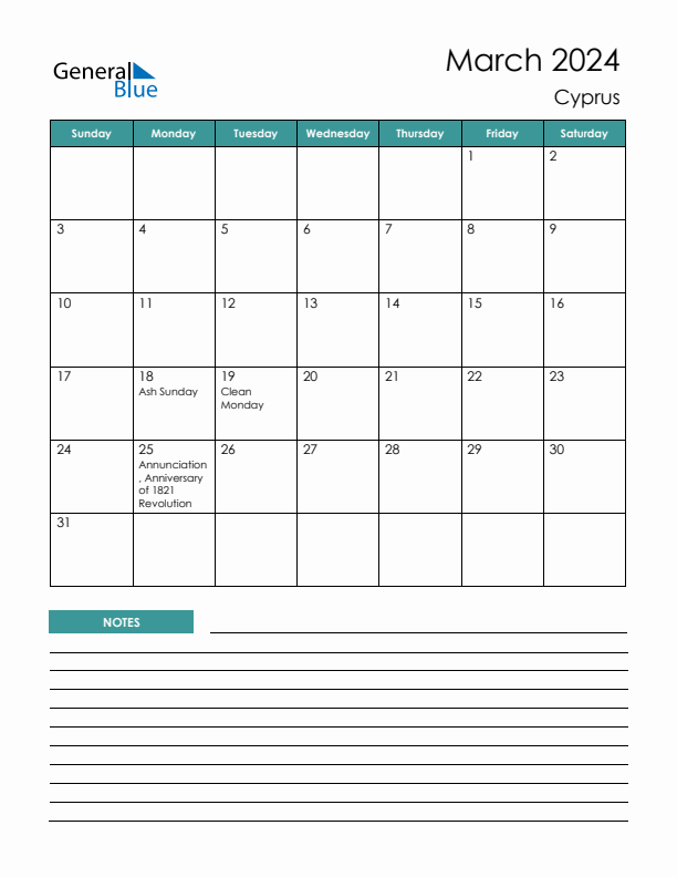 Calendar with Notes Printable - Sunday Start