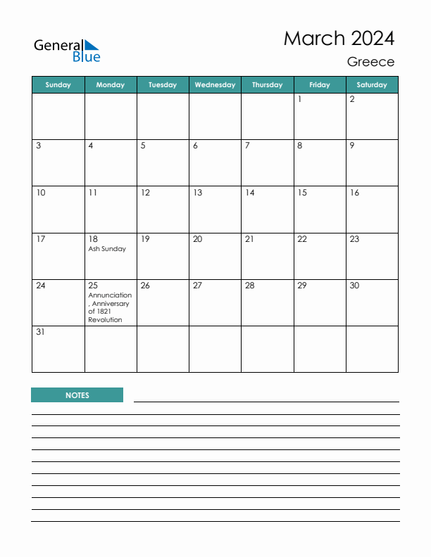 Calendar with Notes Printable - Sunday Start