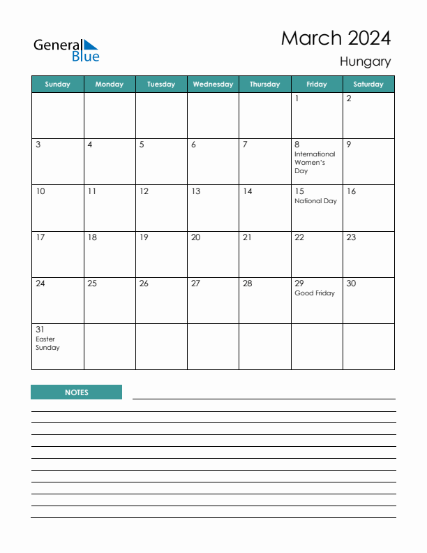 Calendar with Notes Printable - Sunday Start