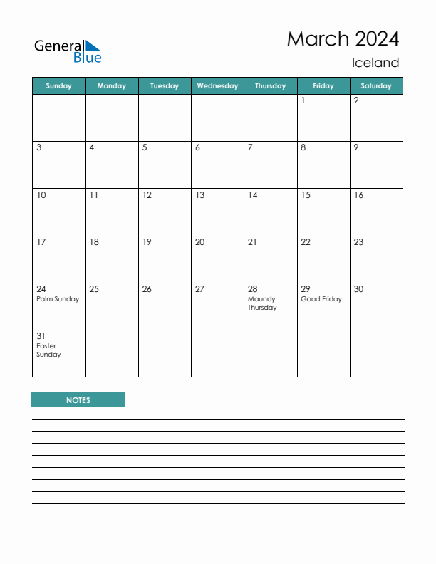 Calendar with Notes Printable - Sunday Start