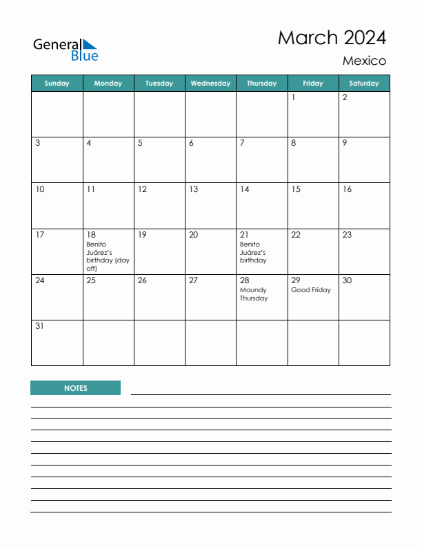 Calendar with Notes Printable - Sunday Start