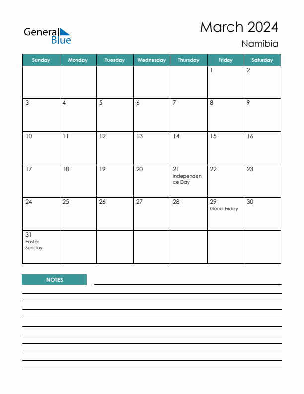 Calendar with Notes Printable - Sunday Start