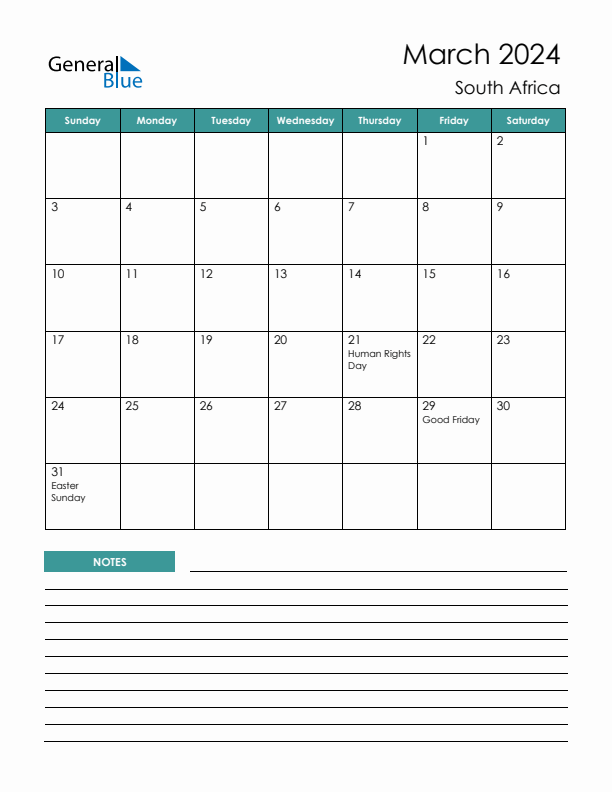 Calendar with Notes Printable - Sunday Start