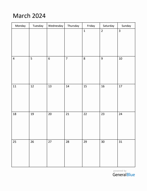 Monday Start Calendar for March 2024