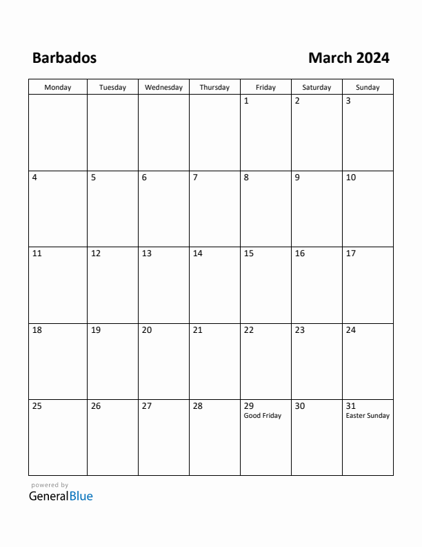 March 2024 Calendar with Barbados Holidays