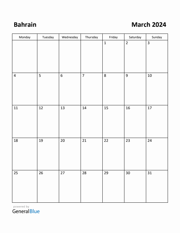 March 2024 Calendar with Bahrain Holidays