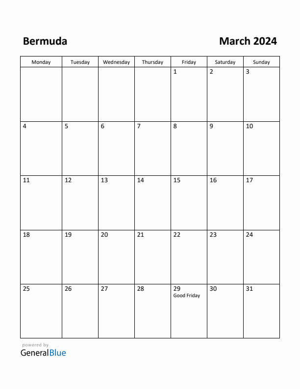 March 2024 Calendar with Bermuda Holidays