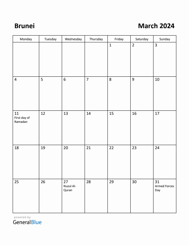 March 2024 Calendar with Brunei Holidays