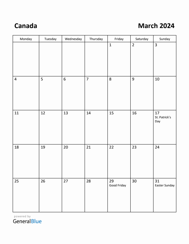 March 2024 Calendar with Canada Holidays