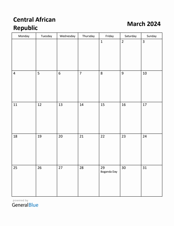 March 2024 Calendar with Central African Republic Holidays