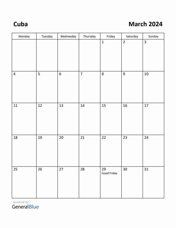 March 2024 Calendar with Cuba Holidays