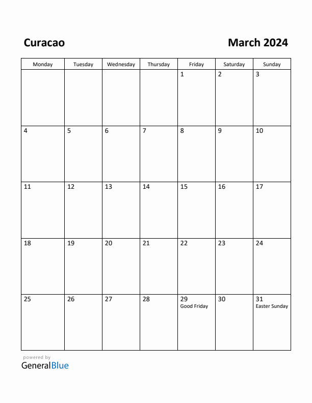 March 2024 Calendar with Curacao Holidays