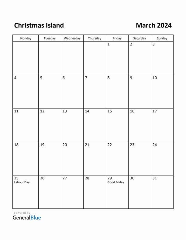 March 2024 Calendar with Christmas Island Holidays