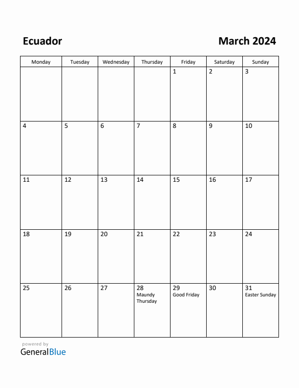 March 2024 Calendar with Ecuador Holidays