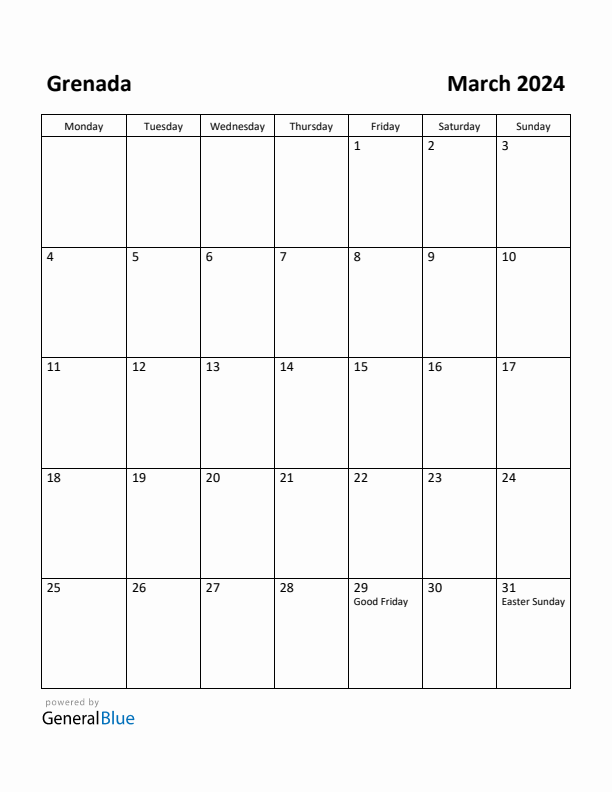 March 2024 Calendar with Grenada Holidays