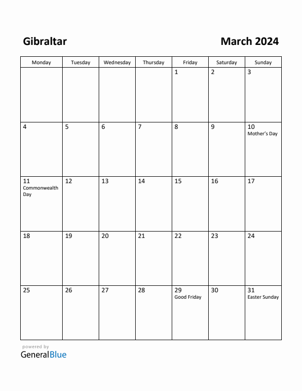 March 2024 Calendar with Gibraltar Holidays