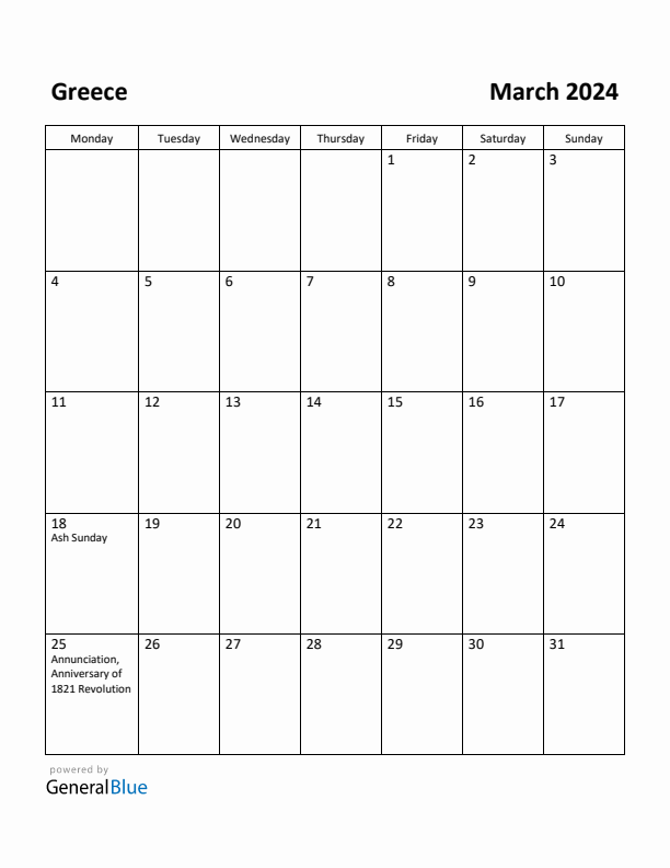 March 2024 Calendar with Greece Holidays