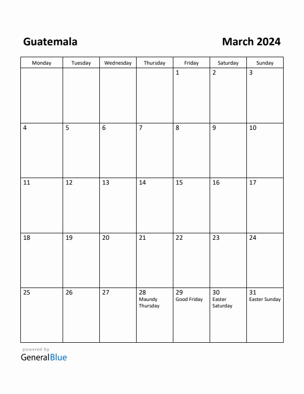 March 2024 Calendar with Guatemala Holidays