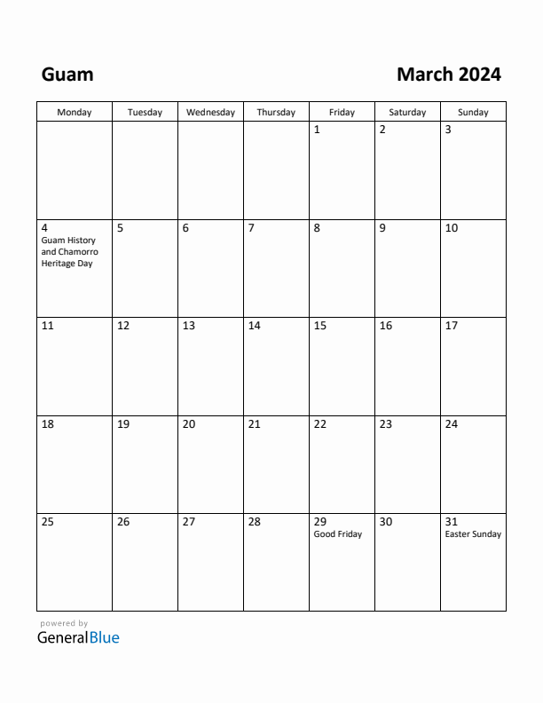 March 2024 Calendar with Guam Holidays