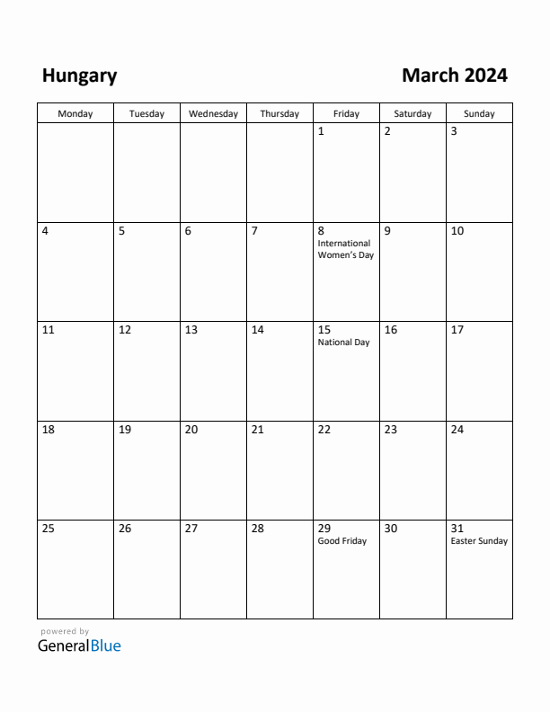 March 2024 Calendar with Hungary Holidays