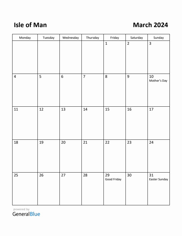 March 2024 Calendar with Isle of Man Holidays