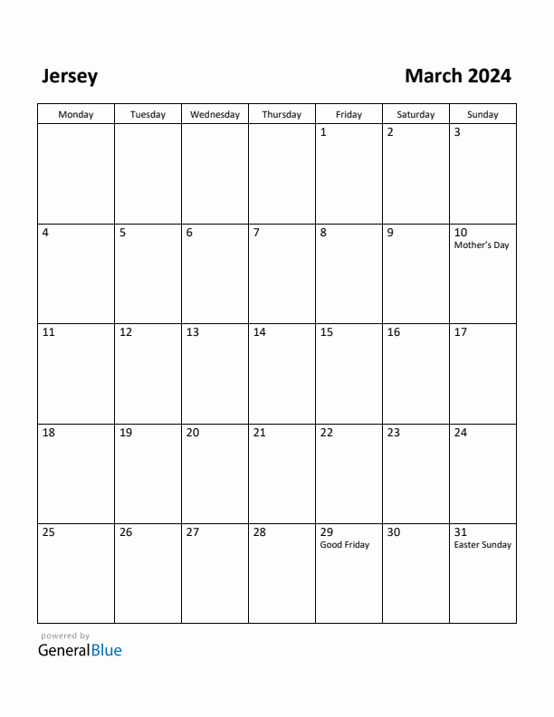 March 2024 Calendar with Jersey Holidays