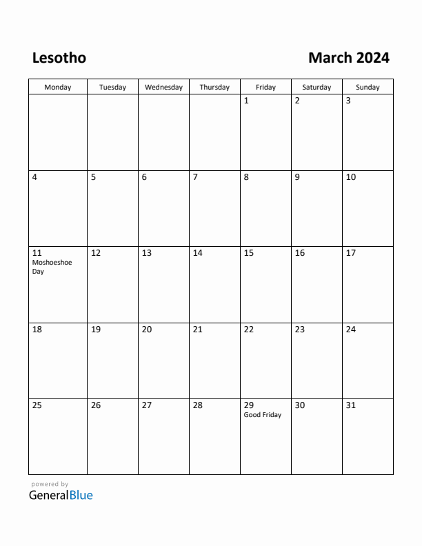 March 2024 Calendar with Lesotho Holidays