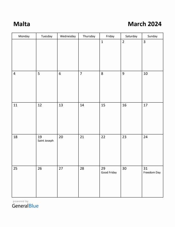 March 2024 Calendar with Malta Holidays