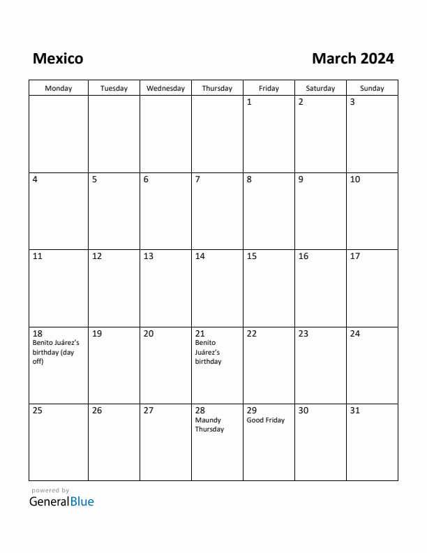 March 2024 Calendar with Mexico Holidays