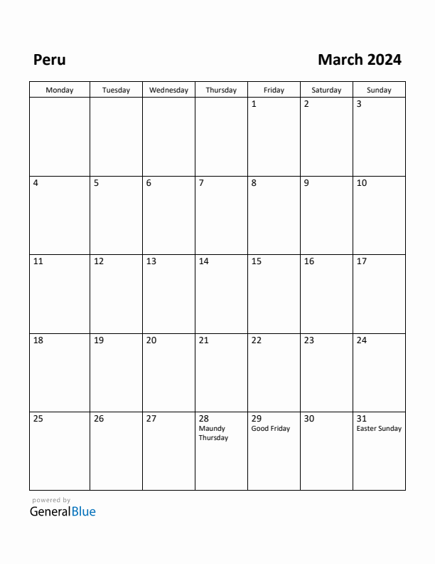 March 2024 Calendar with Peru Holidays