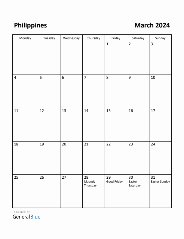 March 2024 Calendar with Philippines Holidays