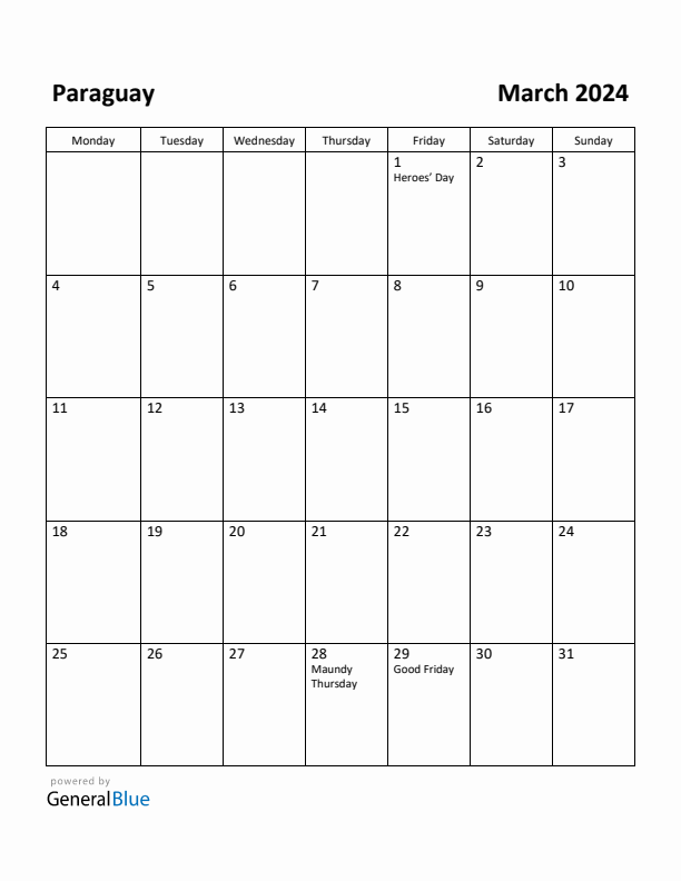 March 2024 Calendar with Paraguay Holidays