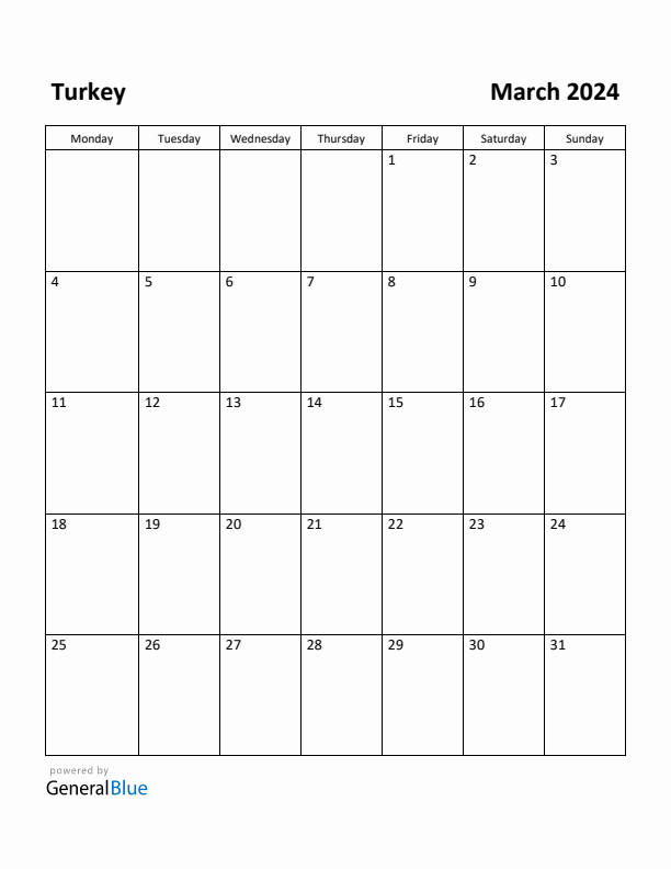 March 2024 Calendar with Turkey Holidays