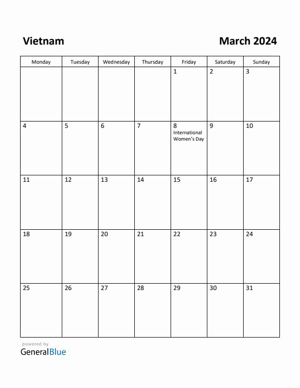 March 2024 Calendar with Vietnam Holidays