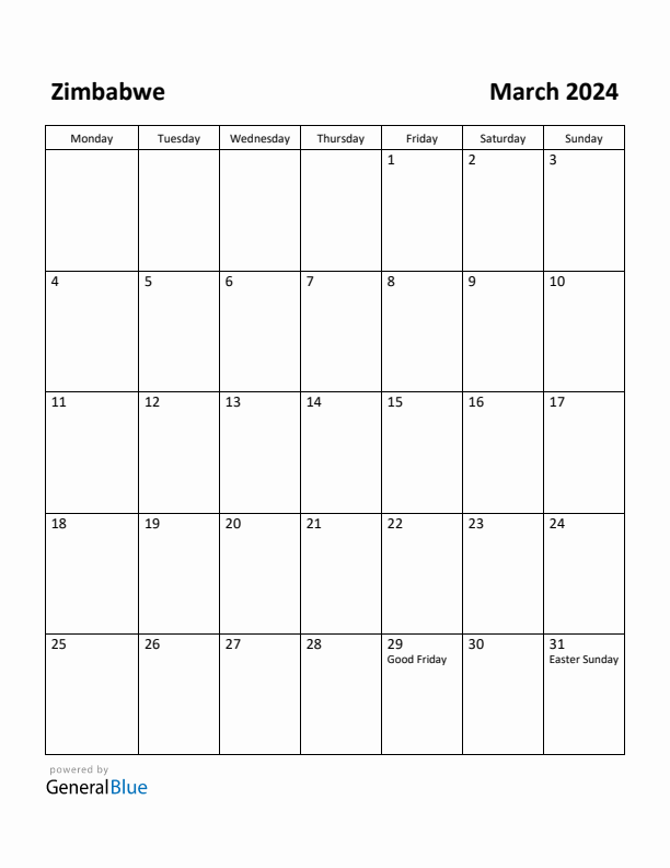 March 2024 Calendar with Zimbabwe Holidays